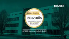EcoVadis Gold sustainability rating badge for NETZSCH Lohnmahltechnik GmbH with company building background.