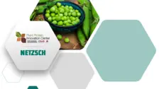Grafik mit den Logos von NETZSCH und dem Plant Protein Innovation Center (PPIC) sowie einem Bild von grünen Erbsen, die ihre Partnerschaft im Bereich der Innovation bei pflanzlichen Lebensmitteln symbolisieren.