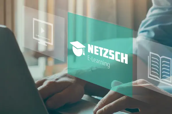 NETZSCH E-Learning platform showcases a user engaging with online thermal analysis courses, emphasizing accessibility and practical learning.