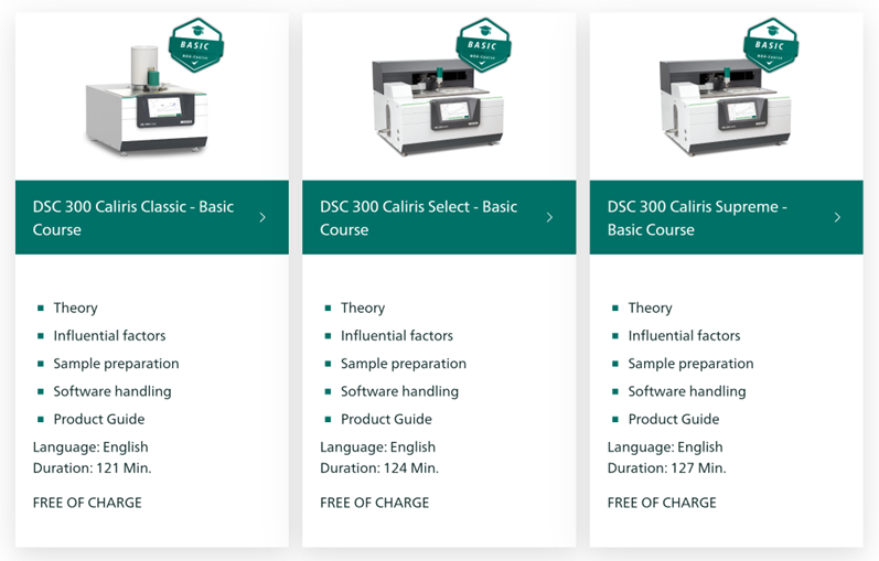 Overview of NETZSCH's DSC 300 Caliris Basic Courses for Classic, Select, and Supreme models, highlighting key topics and free access.