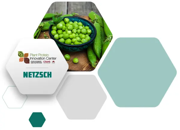 Graphic featuring the NETZSCH and Plant Protein Innovation Center (PPIC) logos alongside an image of green peas, symbolizing their partnership in plant-based food innovation.