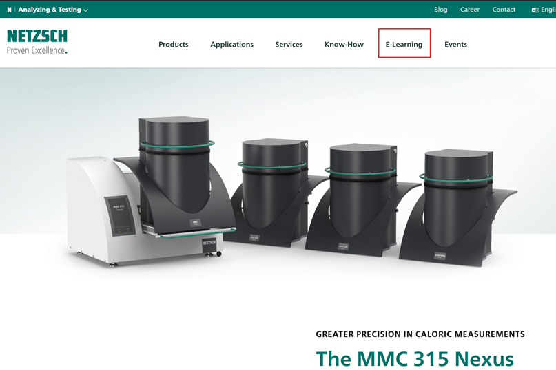NETZSCH A&T homepage screenshot highlighting the E-Learning entry button for free courses on thermal analysis and rheology.