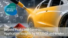 Yellow powder coating being sprayed onto a car door, highlighting NETZSCH and Bruker collaboration in thermal analysis applications.