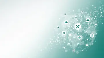 Abstract network sphere with icons of tools and users symbolizing global technical support and customer service connectivity.