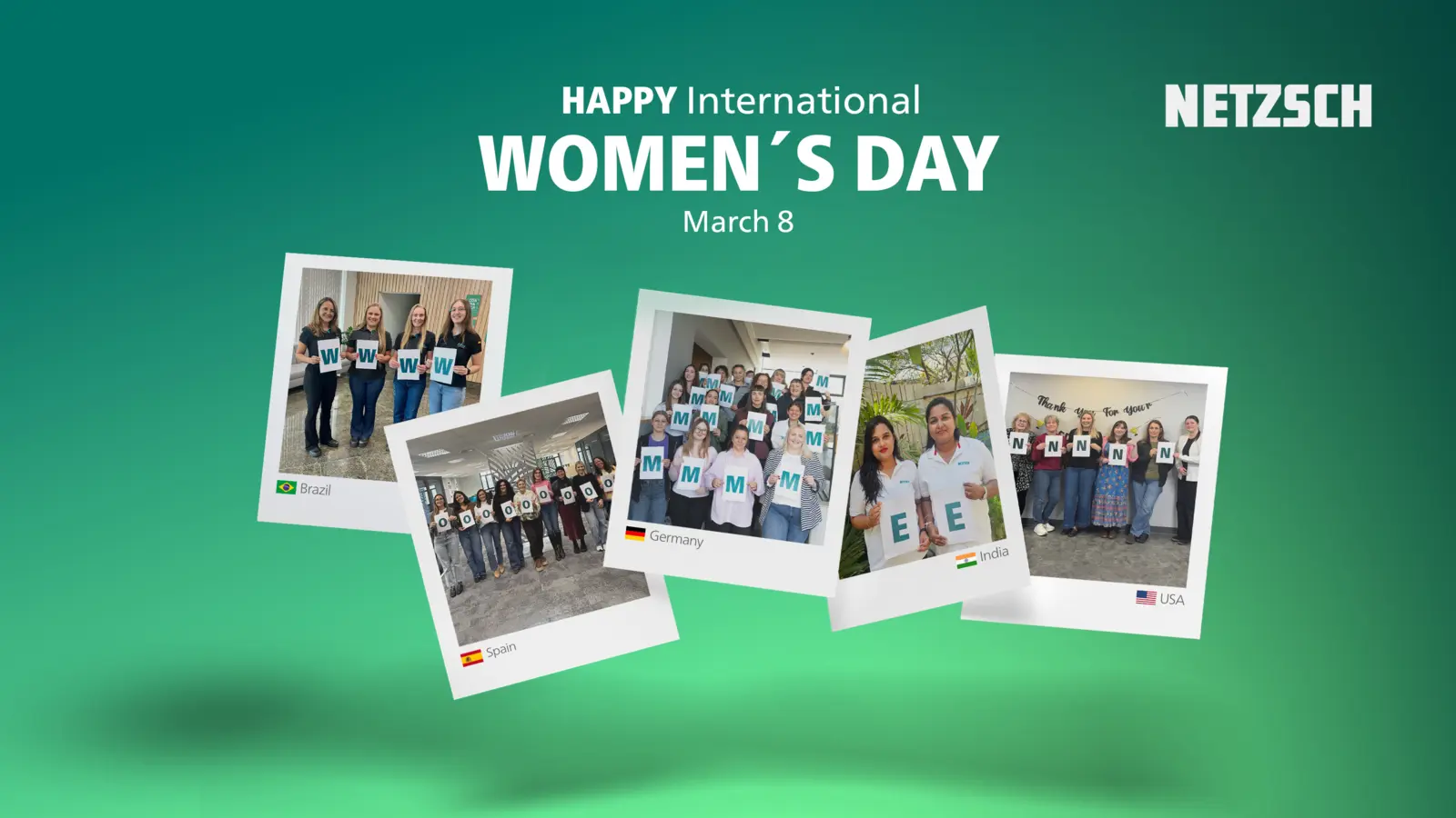 Female colleagues from NETZSCH worldwide celebrate International Women’s Day, holding letters to form the word "WOMEN".