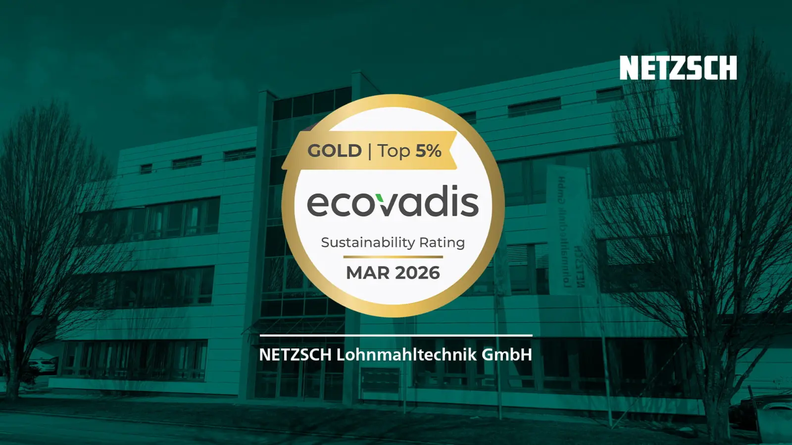 EcoVadis Gold sustainability rating badge for NETZSCH Lohnmahltechnik GmbH with company building background.